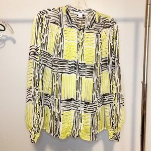 DVF Plaid Blouse Long Sleeve Striped Top Silk